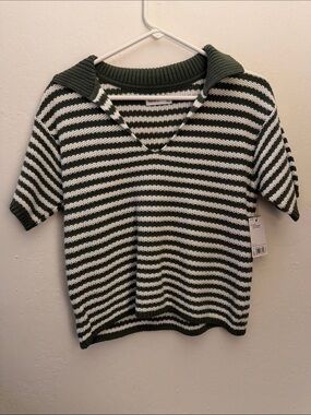 NWT Sonoma Goods For Life Green & White Striped Short Sleeve Collared Sweater